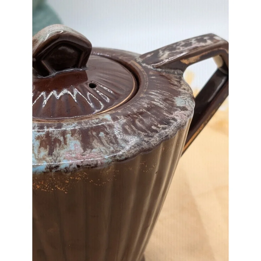 Vintage Mid Century Modern Drip Glaze Teapot Brown Ribbed Ceramic Tea Pot Japan